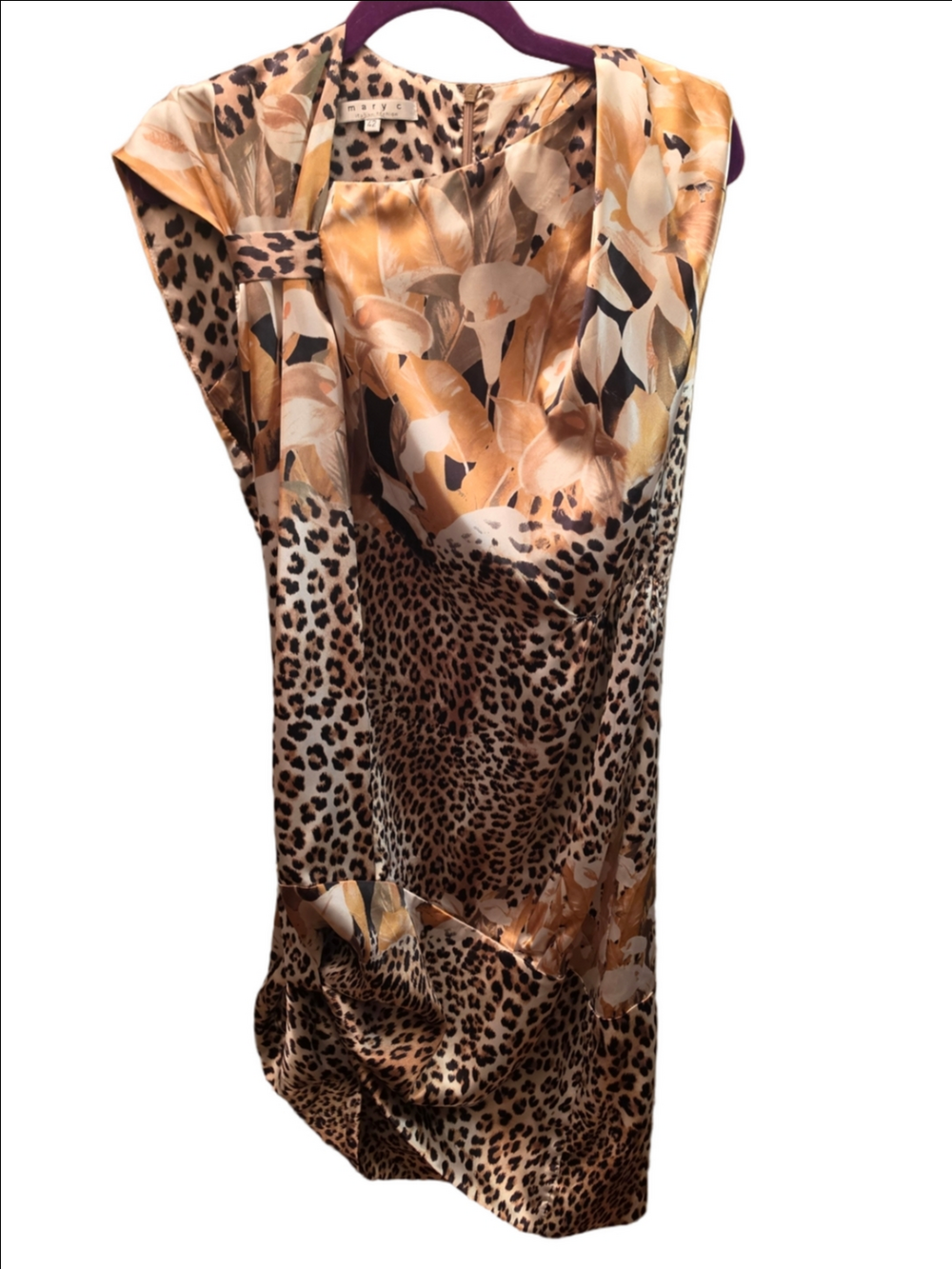 Mary C Italy Leopard Floral Satin Dress Size 42 Animal Print Midi
